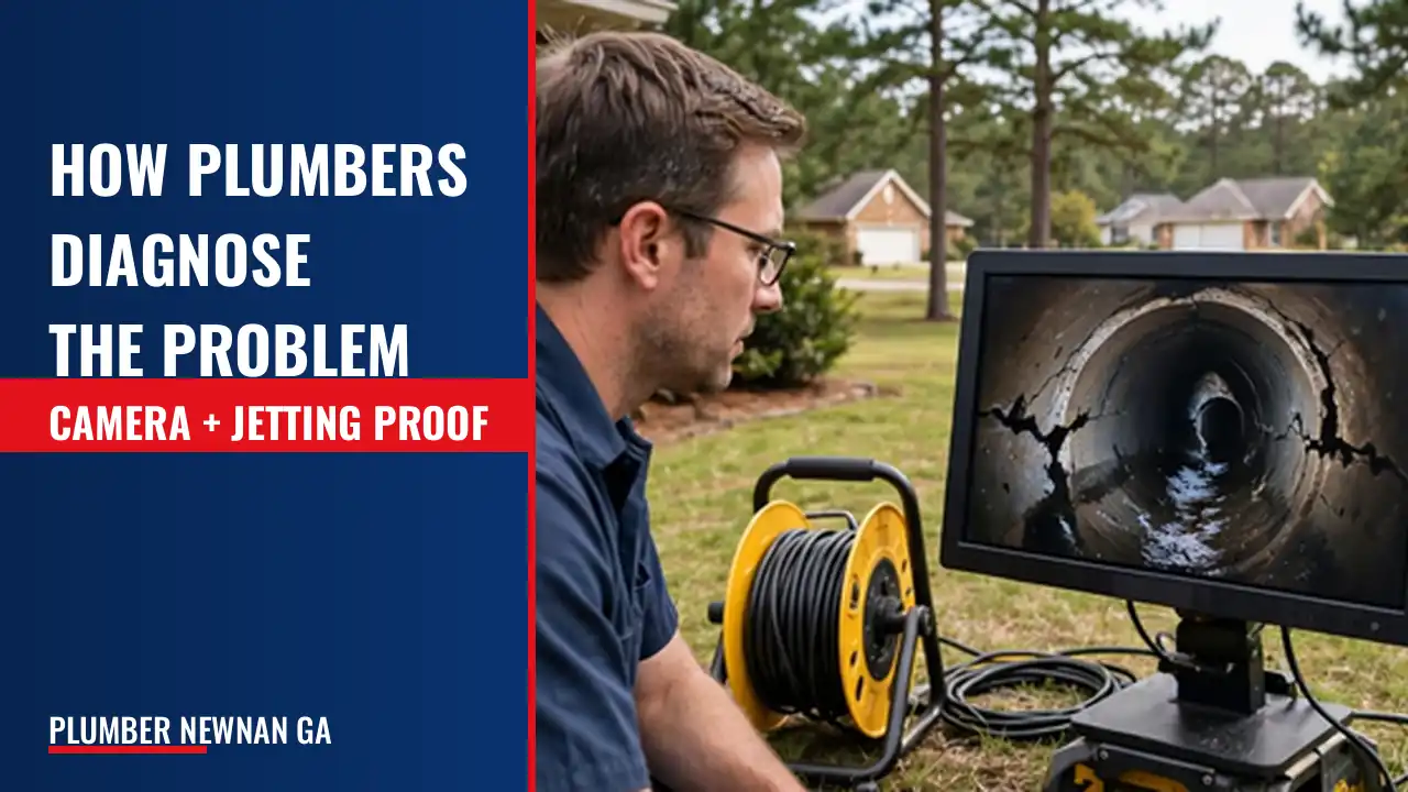 A diagnostic explainer showing how leak detection, camera inspection, and hydro-jetting produce evidence, and what the customer receives.