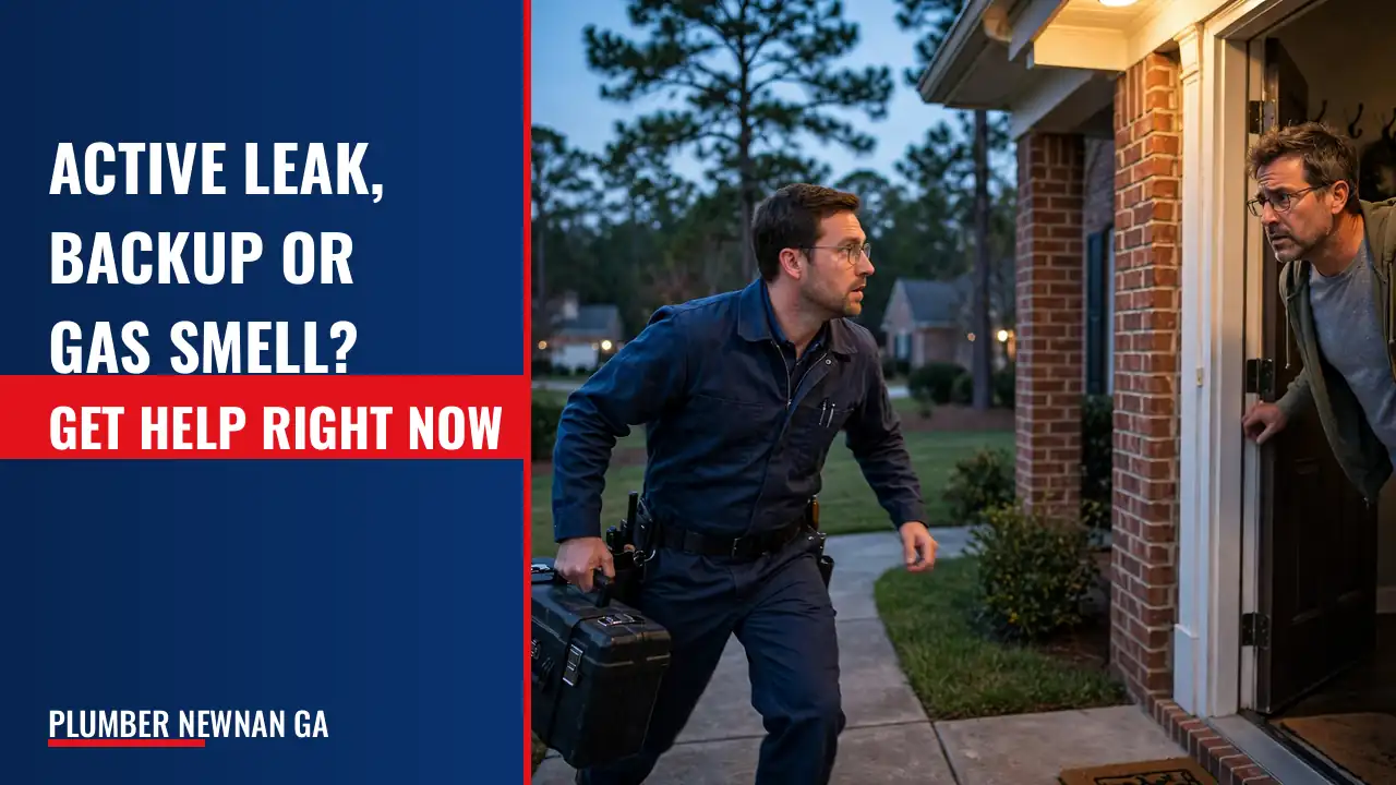 How do I get help right now for an active leak, backup, or gas smell, and how fast can someone respond?