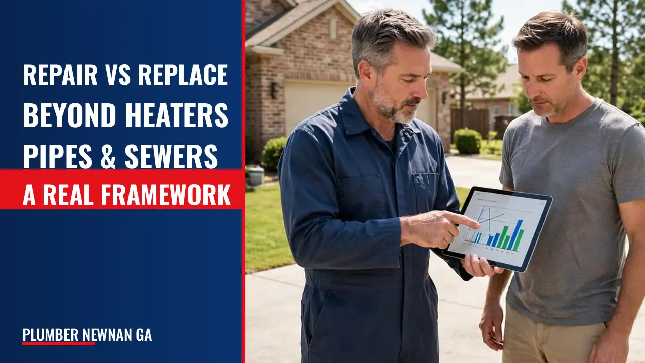 Repair-versus-replace trade-offs are only touched for water heaters; no framework for pipes, sewer laterals, or fixtures.