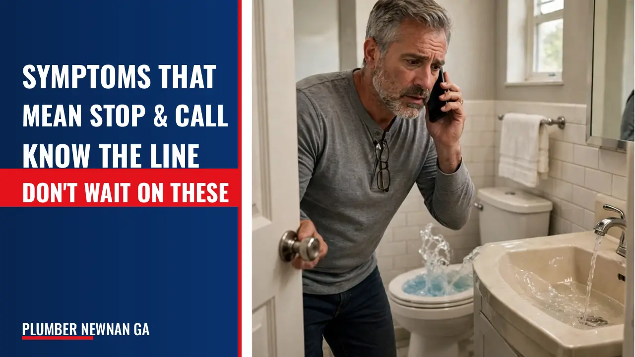What symptoms indicate a plumbing problem, and which ones mean I should stop and call immediately?
