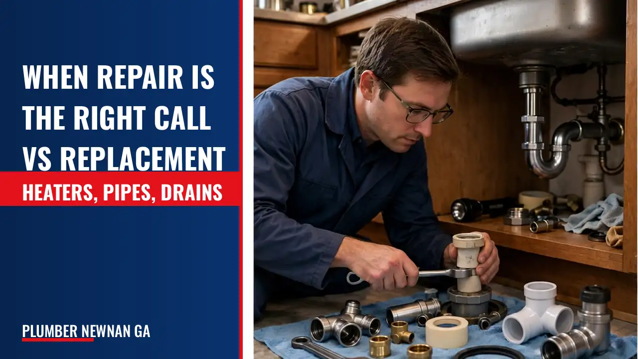 When is repair the right choice versus replacement for water heaters, pipes, drains, and sewer lines?